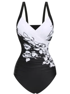 Sale Retro Stage 1930s Wide-Straps Flowers Swimsuit Black