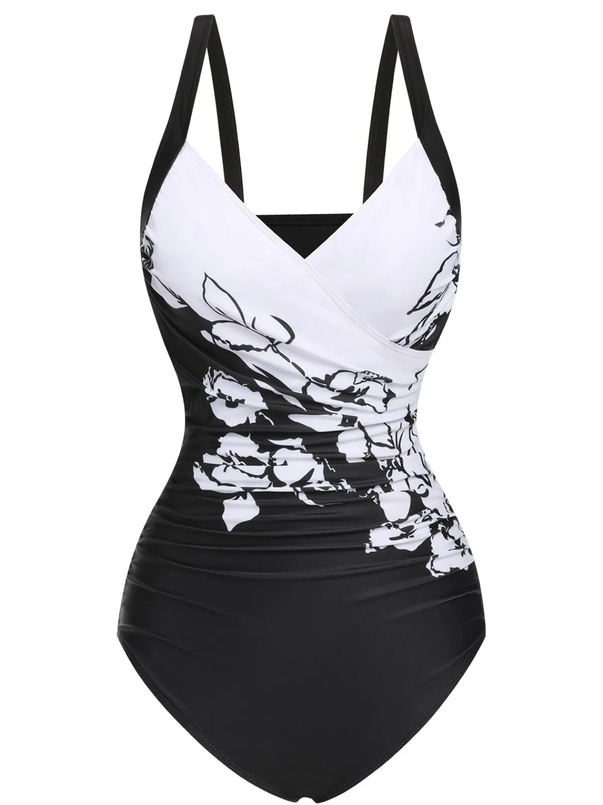 Sale Retro Stage 1930s Wide-Straps Flowers Swimsuit Black