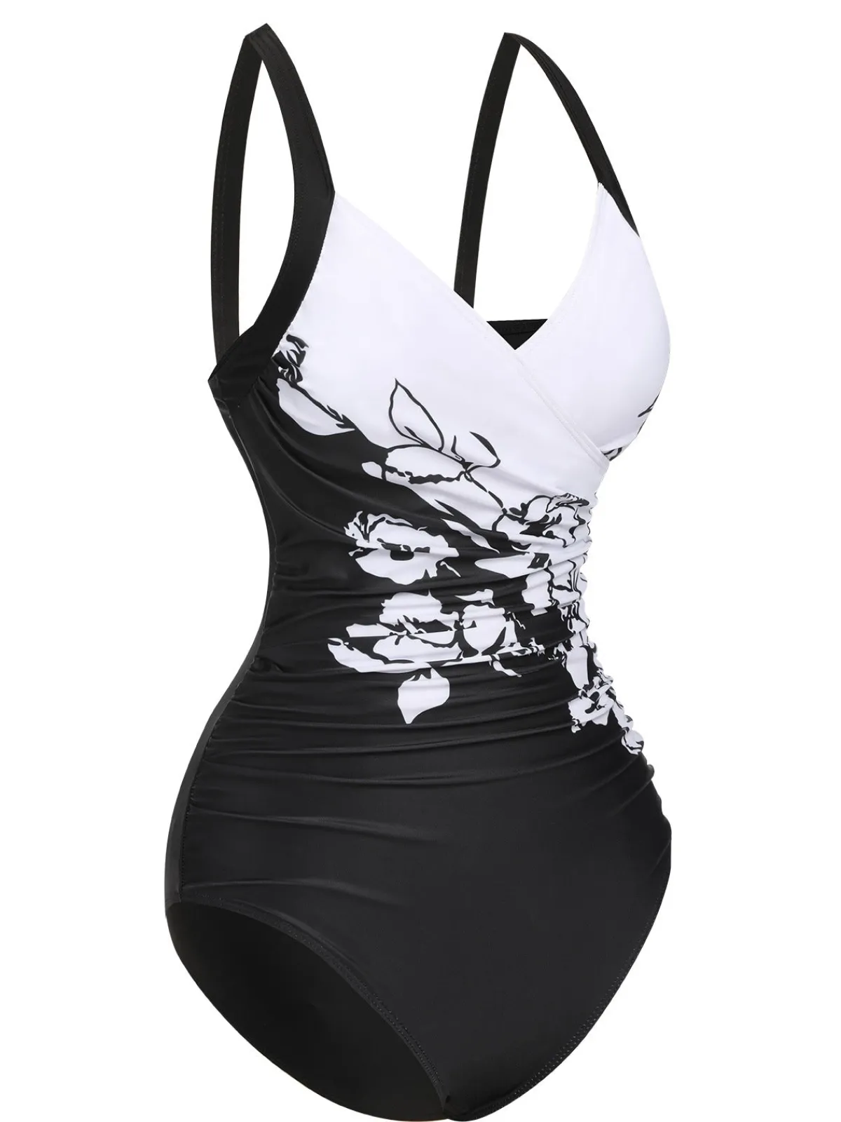 Sale Retro Stage 1930s Wide-Straps Flowers Swimsuit Black