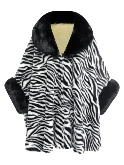 Online Retro Stage Black 1970s Zebra Fur Collar Cape Coat