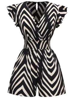 Clearance Retro Stage 1950s Zebra Striped Ruffled Waist Romper Black