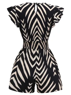 Clearance Retro Stage 1950s Zebra Striped Ruffled Waist Romper Black