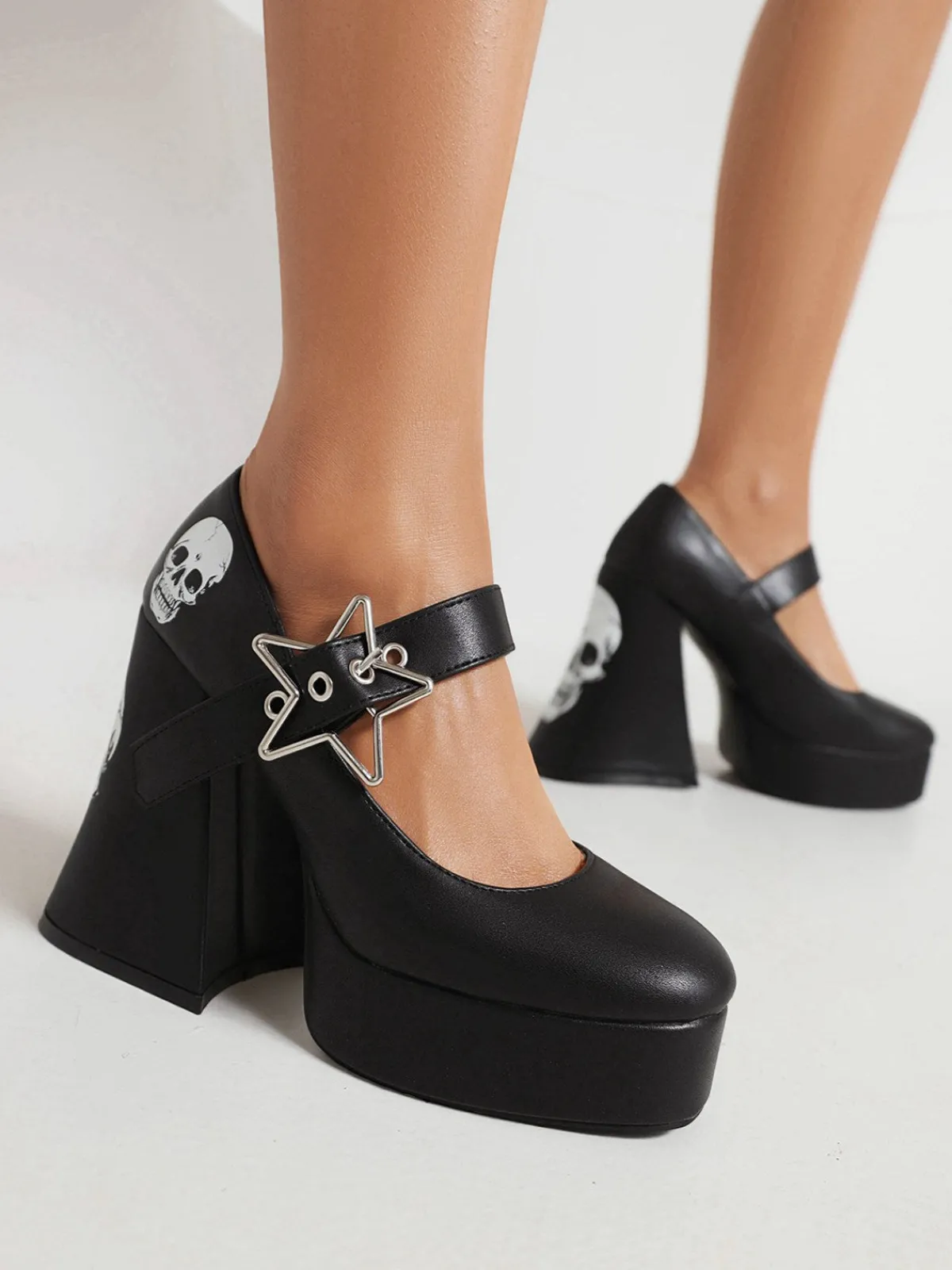 Outlet Retro Stage Skull Buckle Strap Platform Chunky Shoes Black