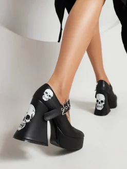Outlet Retro Stage Skull Buckle Strap Platform Chunky Shoes Black