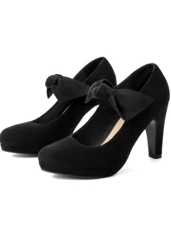 Outlet Retro Stage Solid Flannelette Bow High Heel Shoes Black