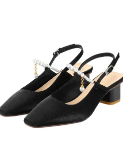 Fashion Retro Stage Velvet Satin Pearl Chunky Heel Shoes Black