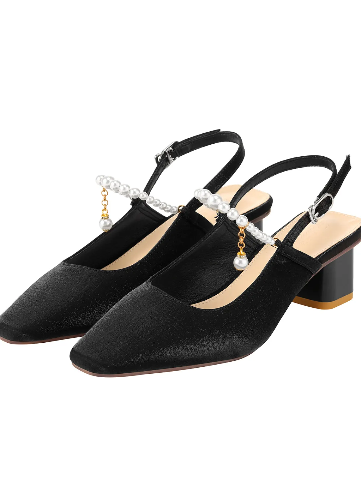 Fashion Retro Stage Velvet Satin Pearl Chunky Heel Shoes Black