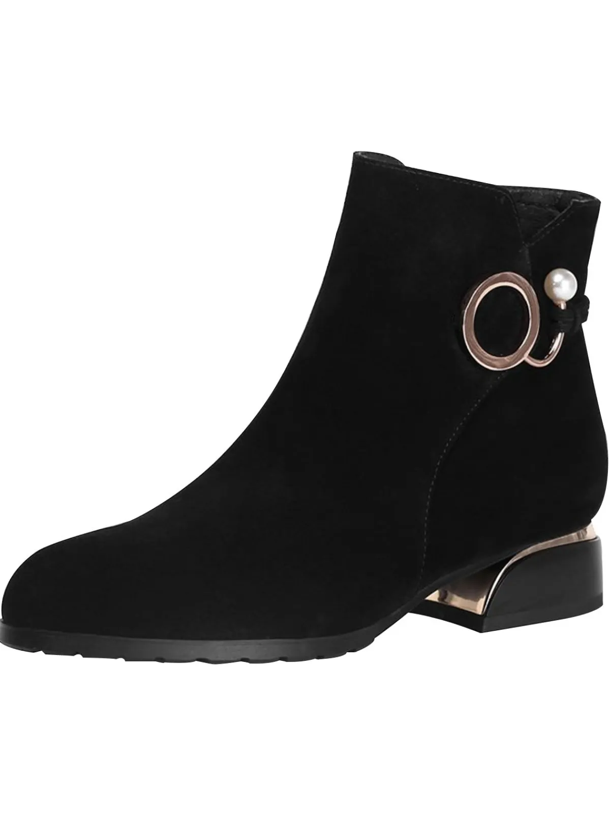 Fashion Retro Stage Vintage Suede Pearl Ankle Boots Black