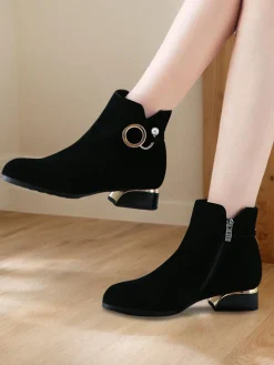 Fashion Retro Stage Vintage Suede Pearl Ankle Boots Black