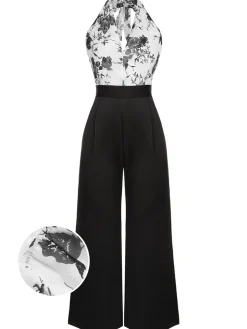 Outlet Retro Stage White 1930s Floral Halter Strap Jumpsuit Black