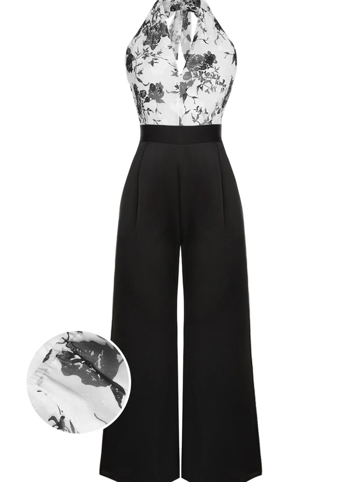 Outlet Retro Stage White 1930s Floral Halter Strap Jumpsuit Black