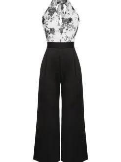 Outlet Retro Stage White 1930s Floral Halter Strap Jumpsuit Black