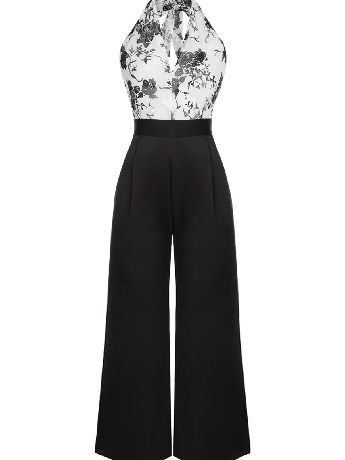 Outlet Retro Stage White 1930s Floral Halter Strap Jumpsuit Black