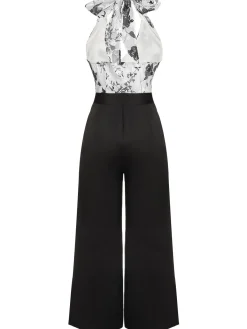 Outlet Retro Stage White 1930s Floral Halter Strap Jumpsuit Black