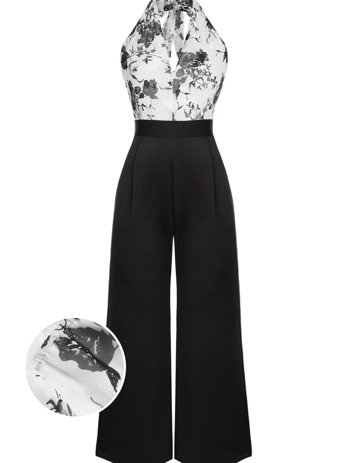Outlet Retro Stage White 1930s Floral Halter Strap Jumpsuit Black