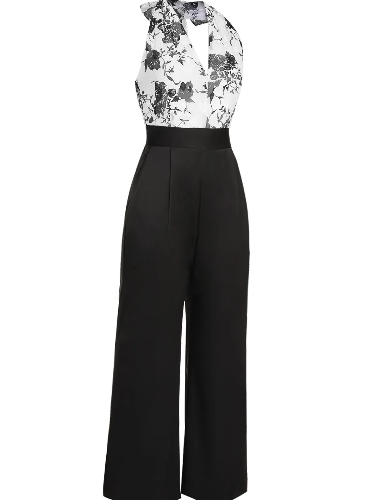 Outlet Retro Stage White 1930s Floral Halter Strap Jumpsuit Black
