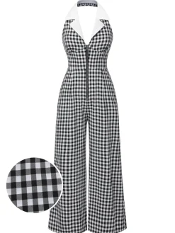 Online Retro Stage White 1940s Plaid Lapel Halter Jumpsuit Black