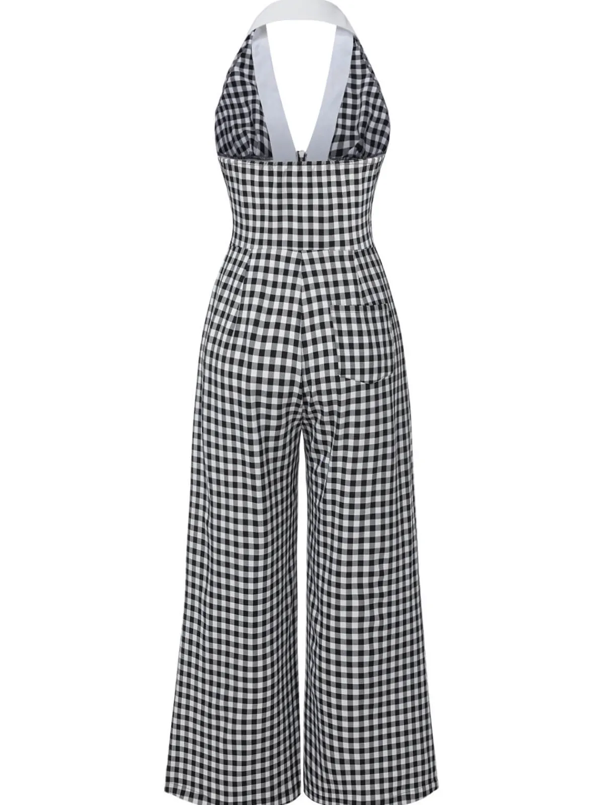Online Retro Stage White 1940s Plaid Lapel Halter Jumpsuit Black