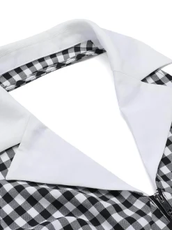 Online Retro Stage White 1940s Plaid Lapel Halter Jumpsuit Black
