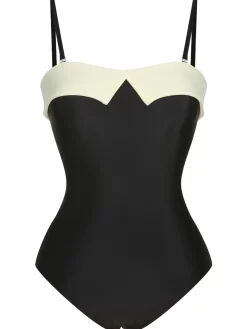 Online Retro Stage White 1950s Solid Bandeau Swimsuit Black