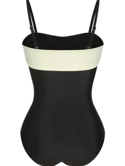 Online Retro Stage White 1950s Solid Bandeau Swimsuit Black