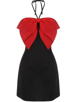 Outlet Retro Stage &Red 1960s Bow-knot Patchwork Wrap Dress Black
