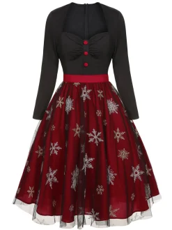 Clearance Retro Stage Black&Red 1950s Christmas Snowflake Mesh Dress Black & Red