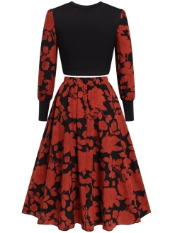 Outlet Retro Stage &Red 1980s Floral Long Sleeves Top&Skirt Black