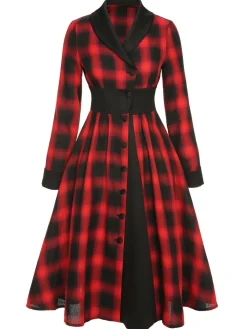 Fashion Retro Stage 1950s Gingham Plaid Button Lapel Dress Black&Red
