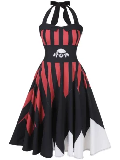 Online Retro Stage &Red 1950s Halloween Halter Skull Dress Black