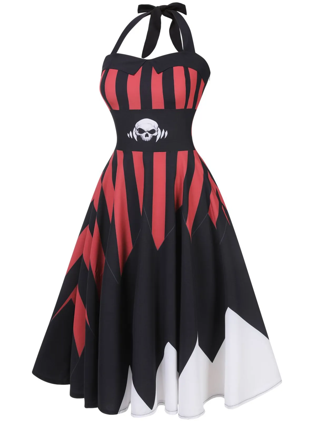 Online Retro Stage &Red 1950s Halloween Halter Skull Dress Black