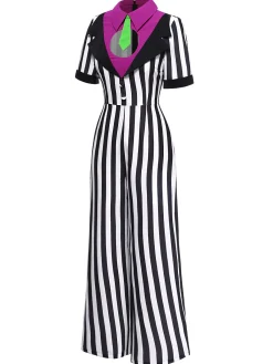 Online Retro Stage 1980s Striped Contrast Jumpsuit Black&White