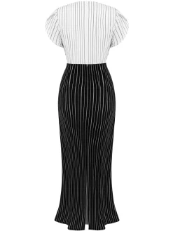 Discount Retro Stage 1930s Striped Deep V-Neck Patchwork Dress Black&White