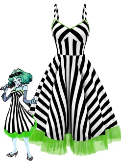 Best Retro Stage 1950s Striped Fluorescent Green Lace Dress Black&White
