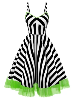 Best Retro Stage 1950s Striped Fluorescent Green Lace Dress Black&White
