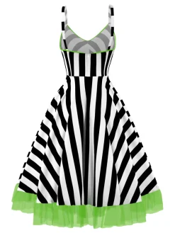 Best Retro Stage 1950s Striped Fluorescent Green Lace Dress Black&White