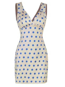 Clearance Retro Stage 1960s Floral Wide Strap Deep V-Neck Dress Blue & Apricot