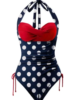 Best Retro Stage & Red 1950s Polka Dots Halter Swimsuit Blue