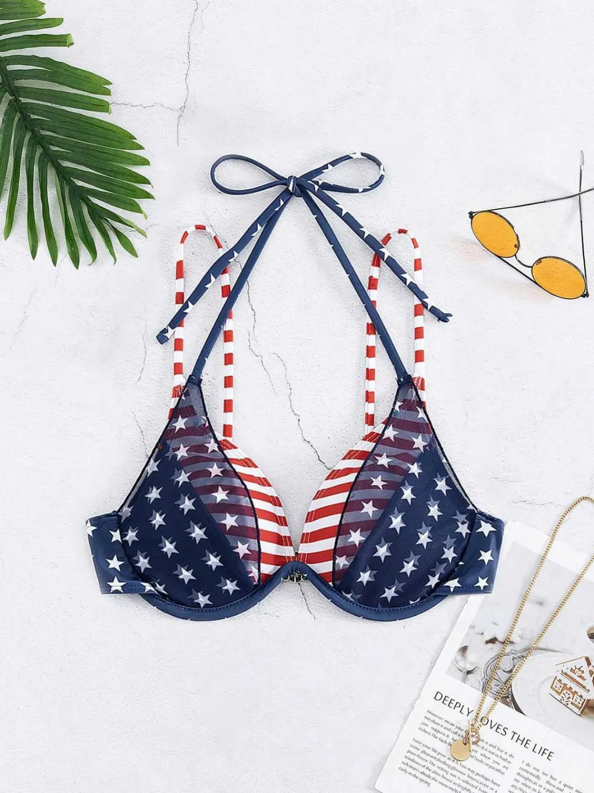 New Retro Stage 1950s Stars & Stripes Bikini Top Blue & Red