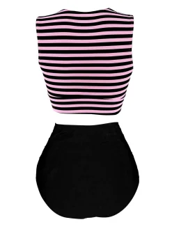 Discount Retro Stage Blue & Red 1970s Striped Waist Tie Patchwork Swimsuit