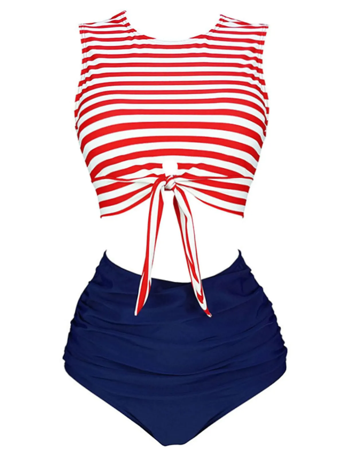 Discount Retro Stage Blue & Red 1970s Striped Waist Tie Patchwork Swimsuit
