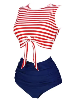 Discount Retro Stage Blue & Red 1970s Striped Waist Tie Patchwork Swimsuit