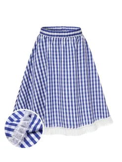 Outlet Retro Stage 1950s Lace Patchwork Plaid Skirt Blue & White