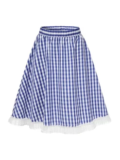 Outlet Retro Stage 1950s Lace Patchwork Plaid Skirt Blue & White