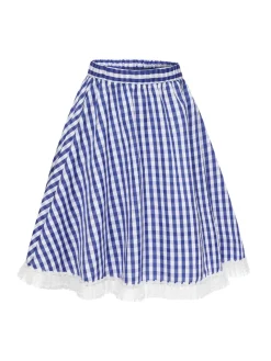 Outlet Retro Stage 1950s Lace Patchwork Plaid Skirt Blue & White