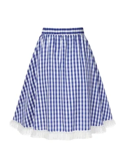 Outlet Retro Stage 1950s Lace Patchwork Plaid Skirt Blue & White