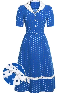 Hot Retro Stage 1940s Polka Dot Lapel Dress Blue & White