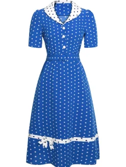 Hot Retro Stage 1940s Polka Dot Lapel Dress Blue & White