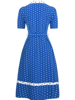 Hot Retro Stage 1940s Polka Dot Lapel Dress Blue & White