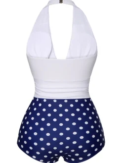 Online Retro Stage Blue & White 1950s Polka Dots Halter Swimsuit Dark Blue